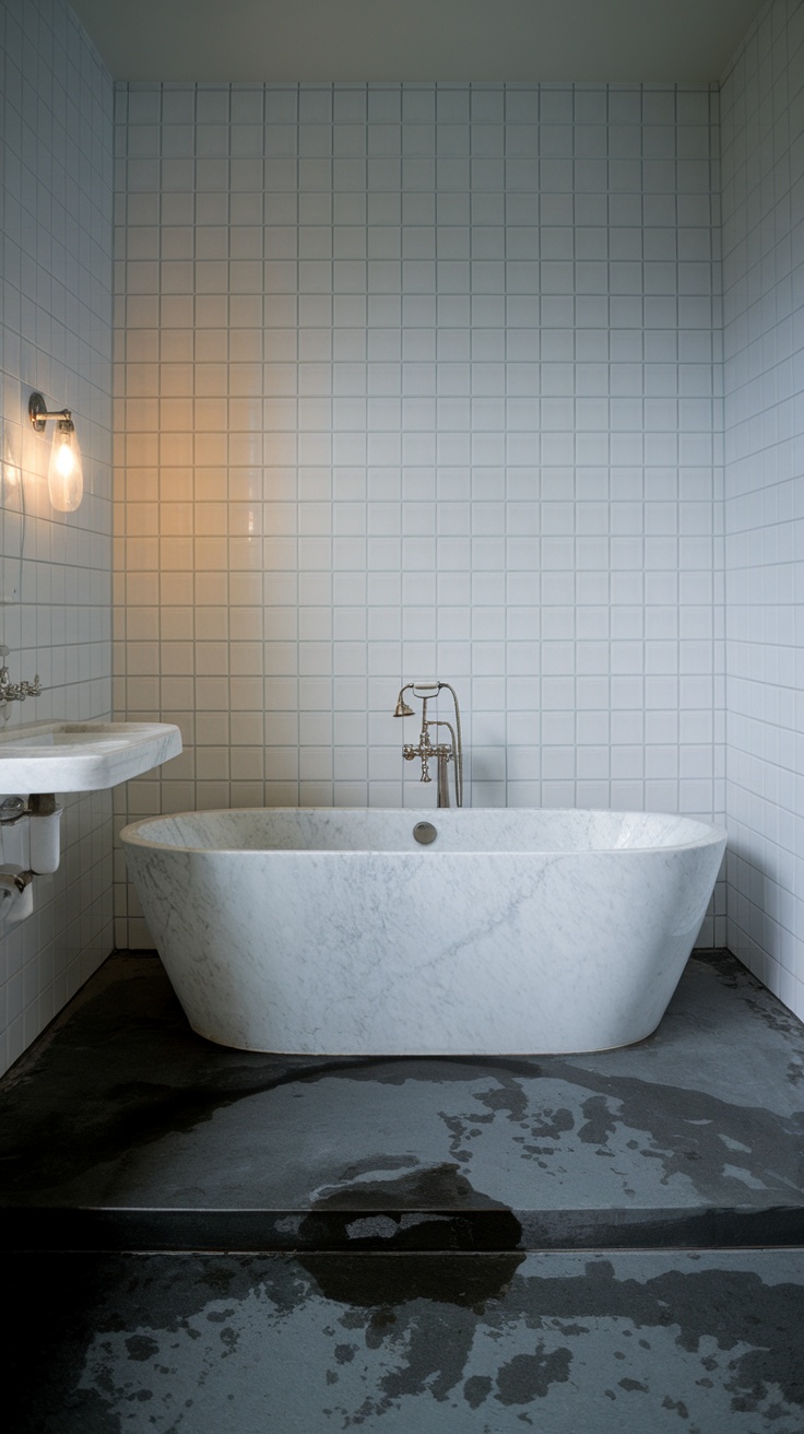 Modern freestanding bathtub in a stylish bathroom with tiled walls.