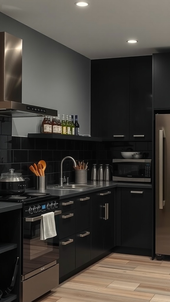 A sleek black kitchen with modern cabinets and appliances.