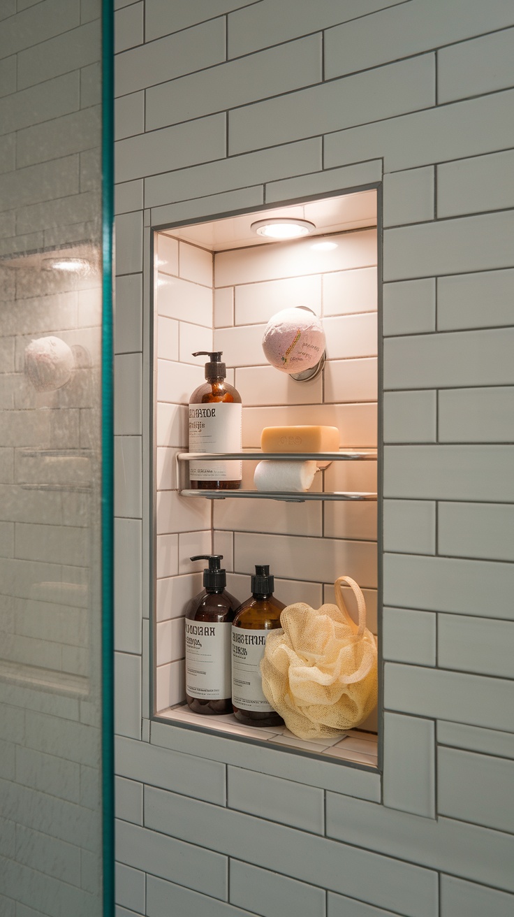 Stylish shower niche with bottles and loofah