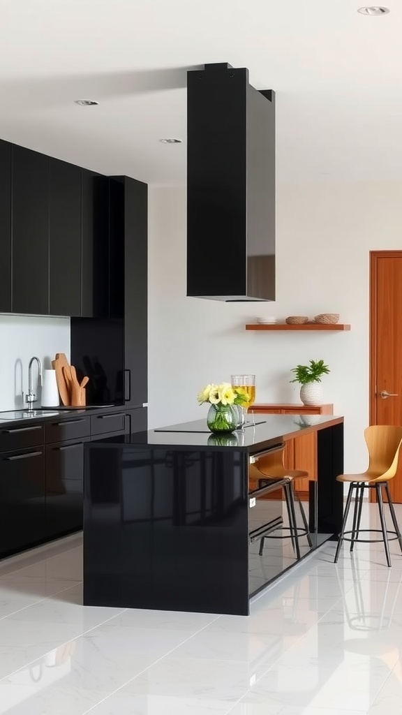 A modern kitchen showcasing glossy black cabinets and a stylish island.