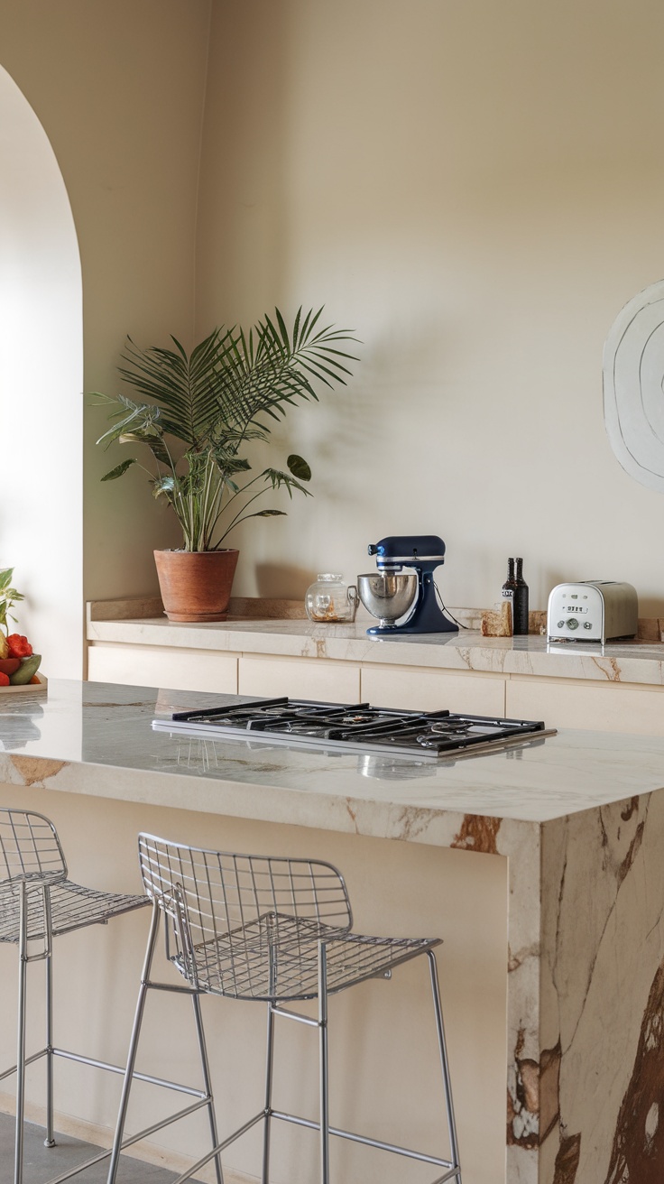 A modern luxury kitchen featuring a marble island with bar stools, a plant, and kitchen appliances.