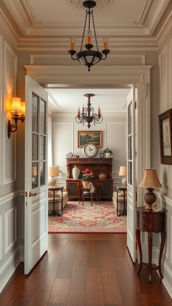 A beautifully decorated Victorian foyer leading to a cozy living room.