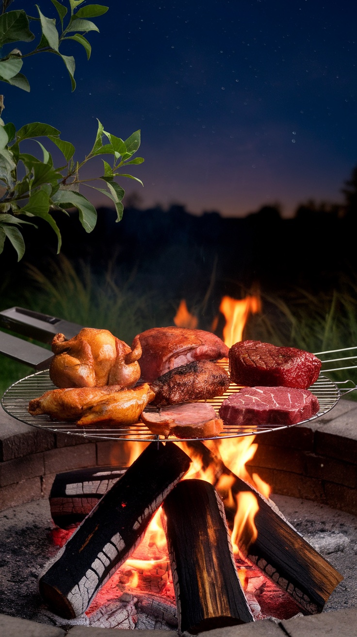 A variety of meats grilling over an open flame in a fire pit setting.