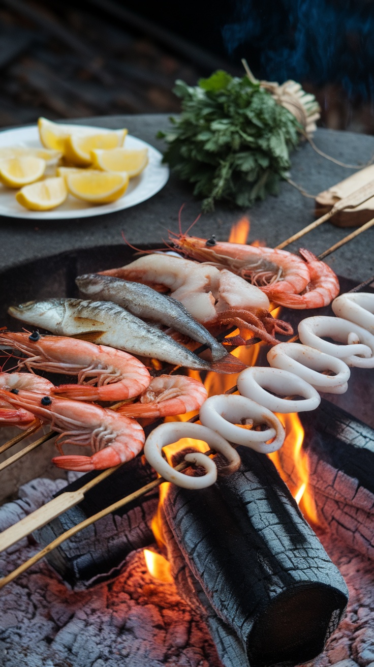 Grilled seafood skewers over an open flame with fresh herbs and lemon slices