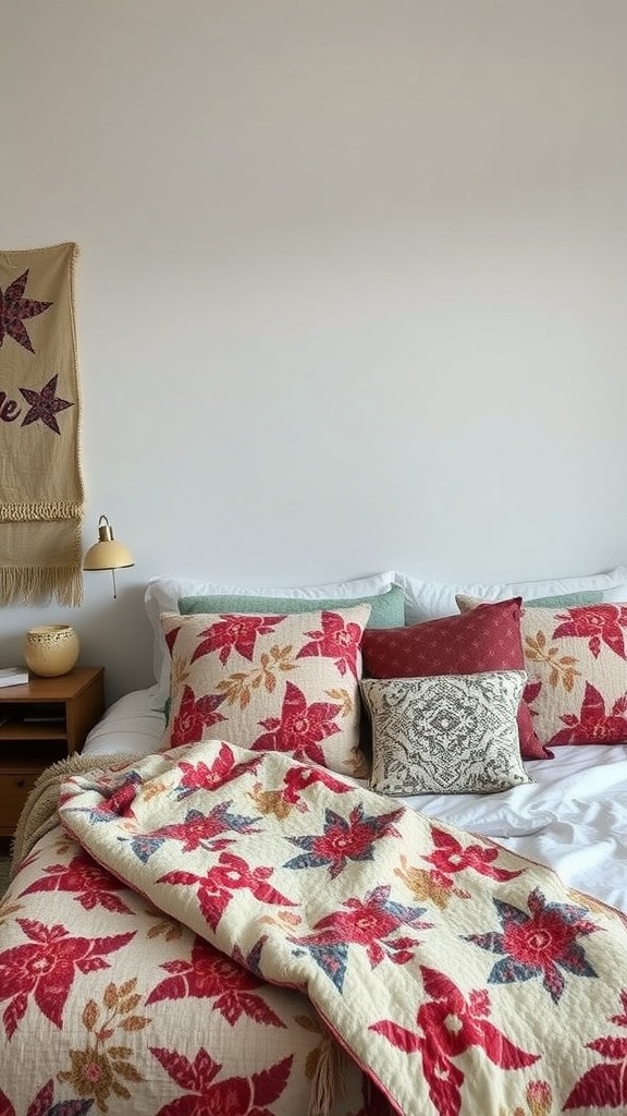 Handmade textiles in a cozy bedroom with colorful pillows and a blanket.