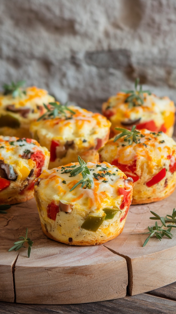 Colorful egg muffins with vegetables on a wooden board