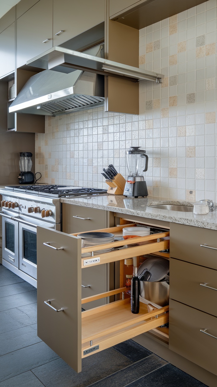 Modern luxury kitchen with hidden storage solutions featuring sliding drawers and a sleek design.