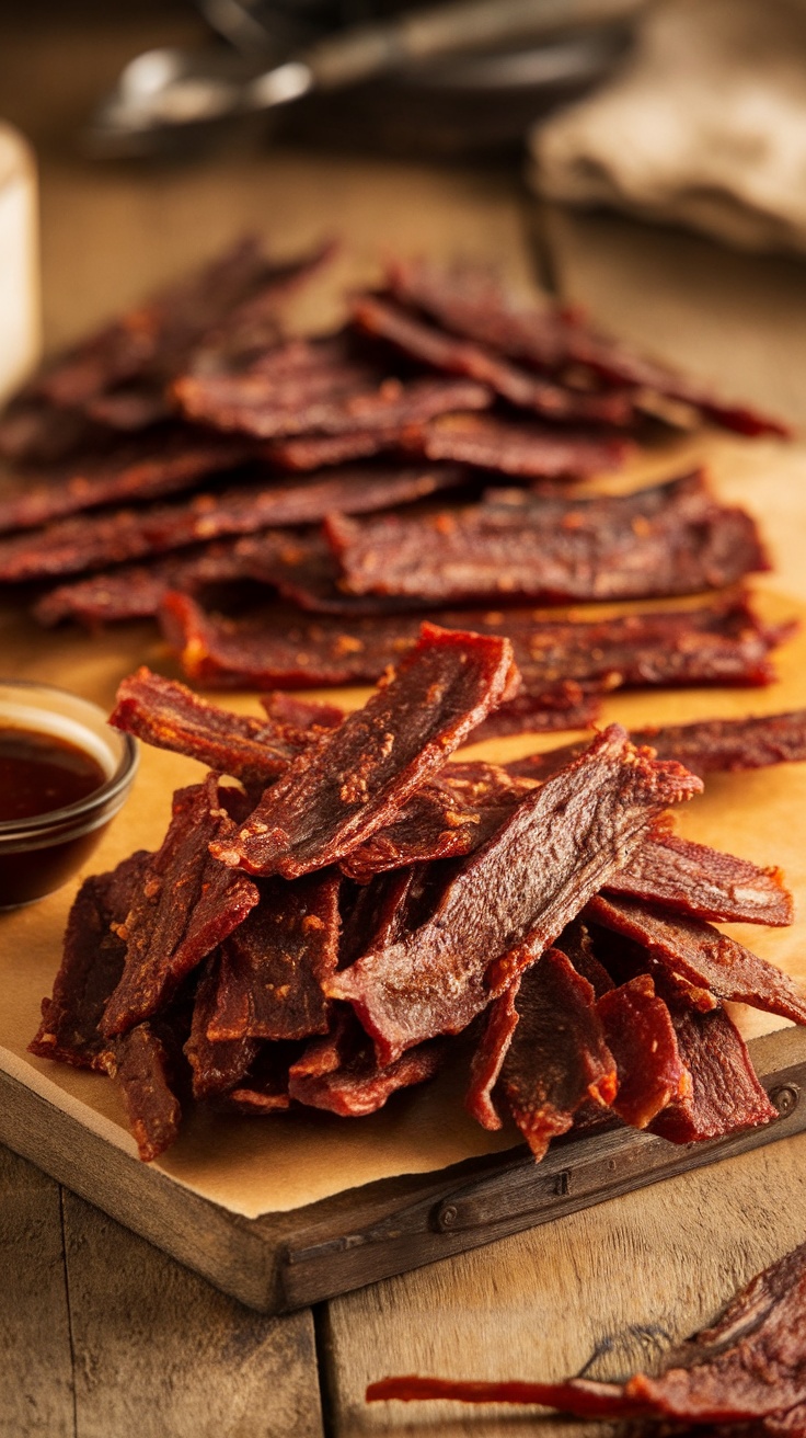 Hot and Spicy Beef Jerky arranged on a wooden board