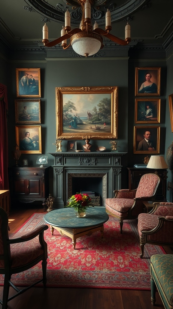 A Victorian living room featuring elegant artwork, rich colors, and classic furniture.