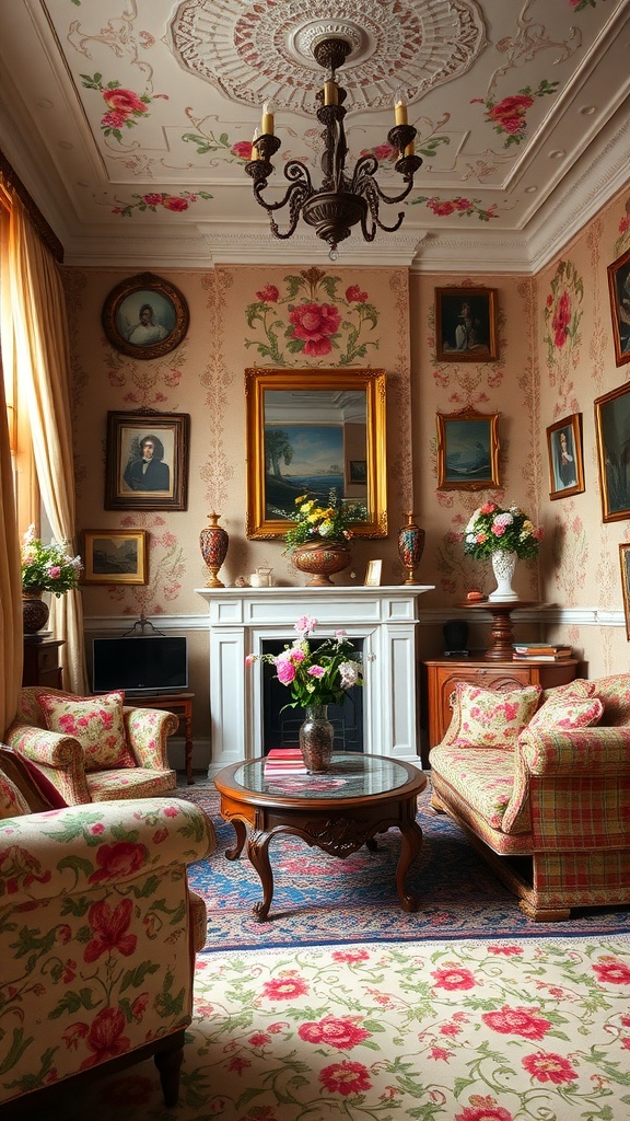 A beautifully decorated Victorian living room featuring floral patterns on furniture and walls.