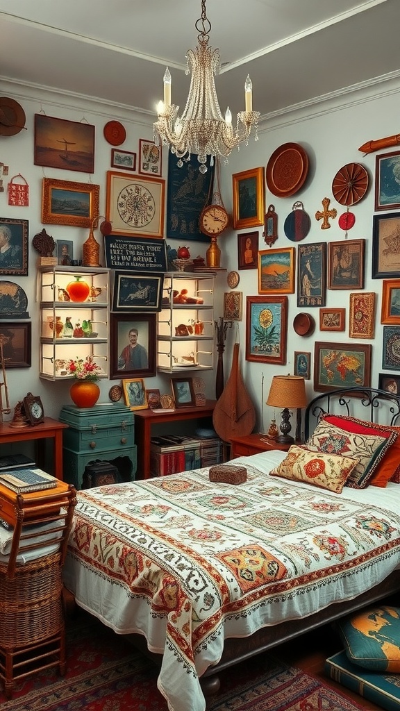 Bohemian bedroom with vintage decor and global artifacts