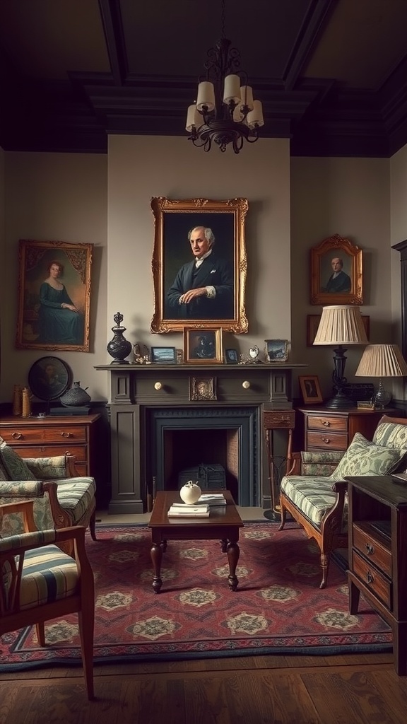 A Victorian-style living room with vintage furniture and historical artifacts.