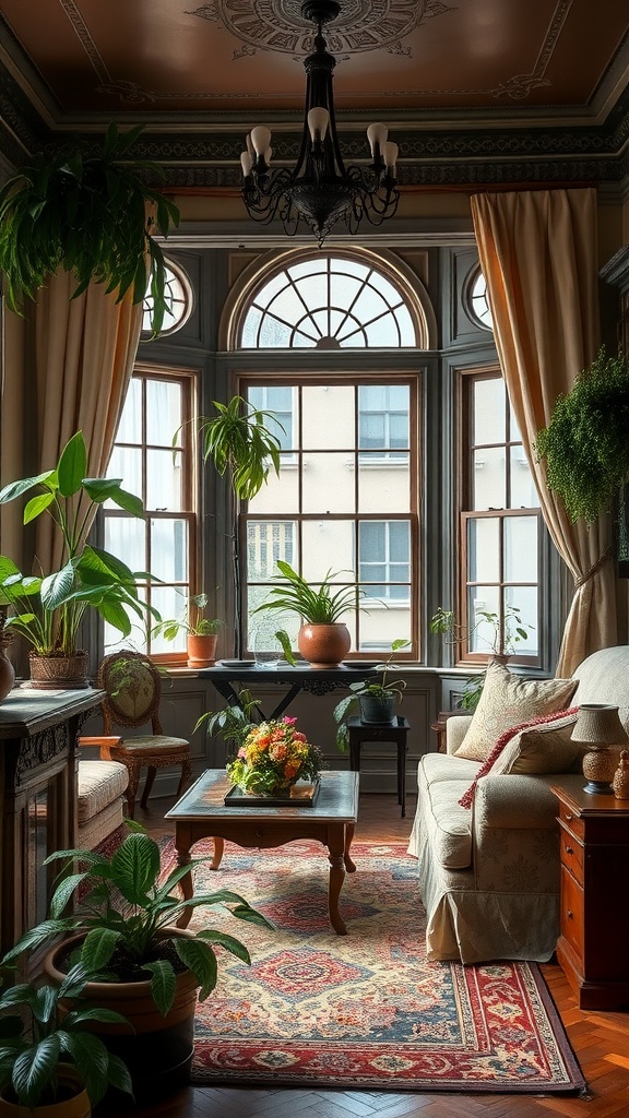 A cozy Victorian living room filled with plants and natural light.