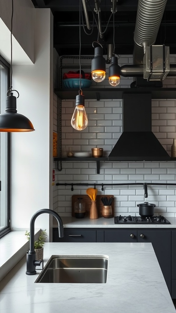 A modern kitchen featuring black industrial fixtures, black cabinets, and a sleek countertop.