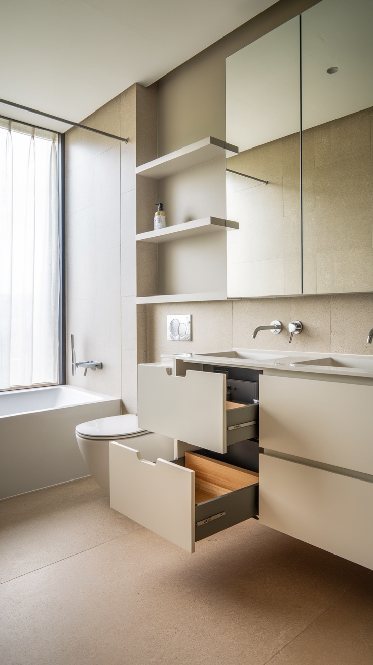 A modern bathroom featuring innovative storage solutions like open shelves and pull-out drawers.