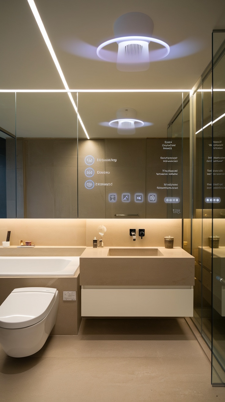 A modern bathroom featuring smart technology displays and sleek design.