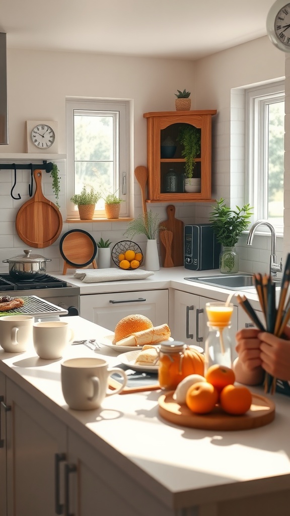 A cozy kitchen with breakfast items, including toast, fruit, and coffee, set up for a refreshing morning.