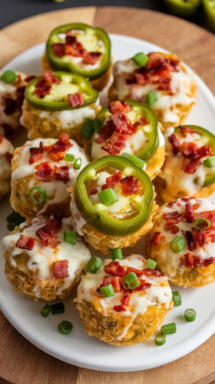 Plate of Jalapeño Popper Fat Bombs topped with bacon and jalapeño slices