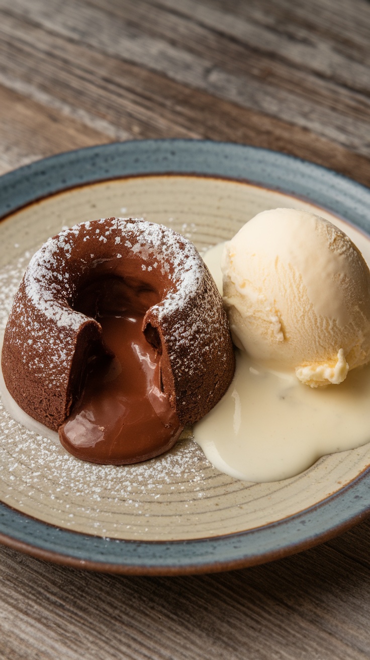 A delicious Keto Chocolate Lava Cake served with a scoop of ice cream on a plate.