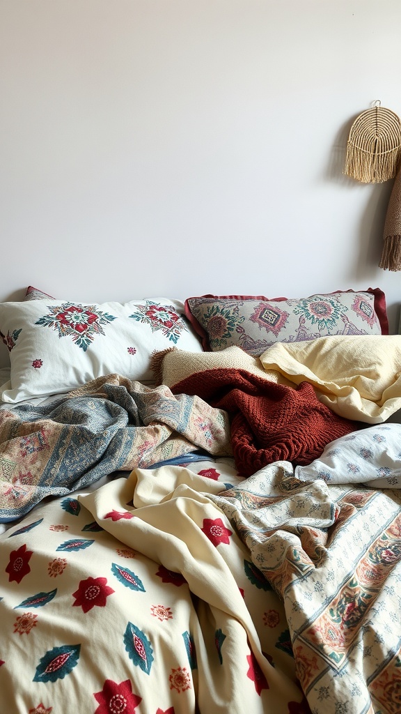 A cozy layered bedding setup featuring various textures and patterns.