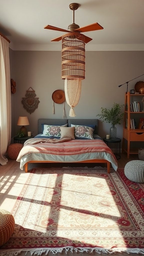 A cozy bedroom featuring layered rugs, a comfy bed, and warm lighting.