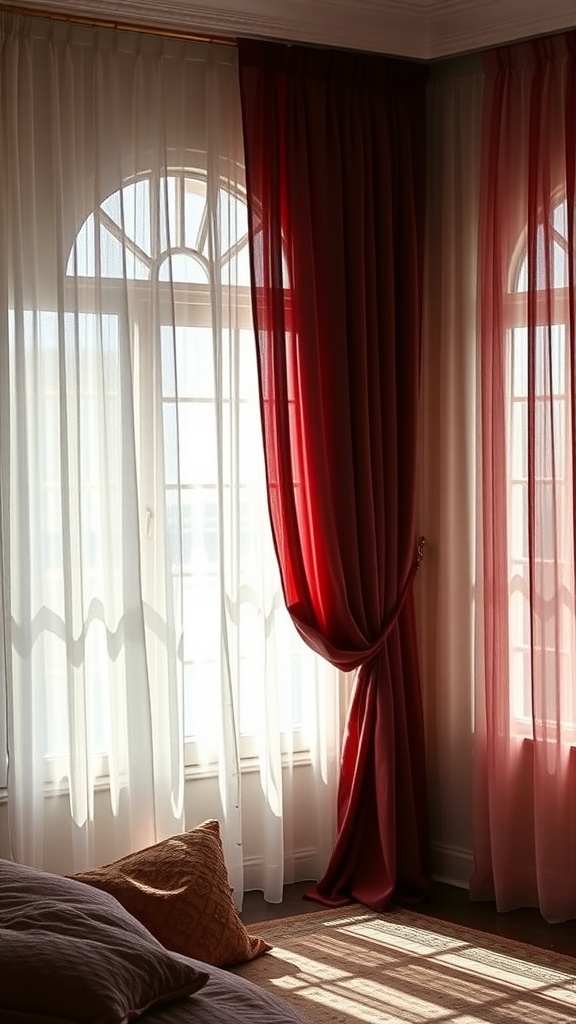 A cozy bohemian bedroom with layered window treatments in sheer and solid fabrics.