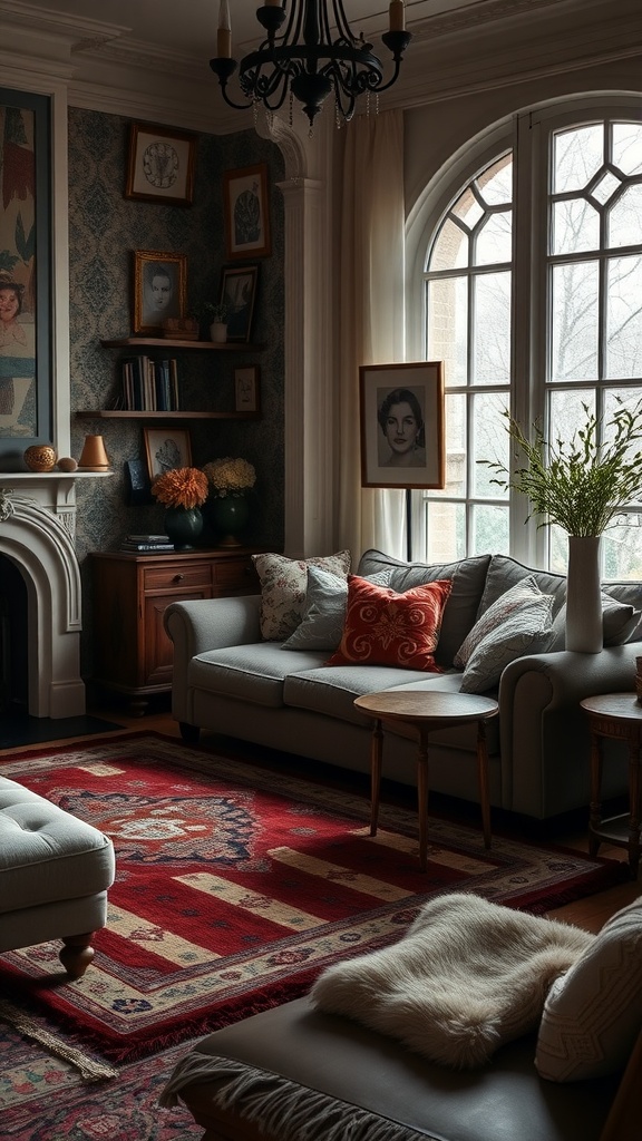 A cozy Victorian living room featuring layered textiles, a warm color palette, and elegant decor.