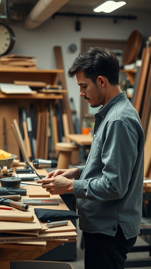 A person focused on a woodworking project in a workshop filled with tools and materials.