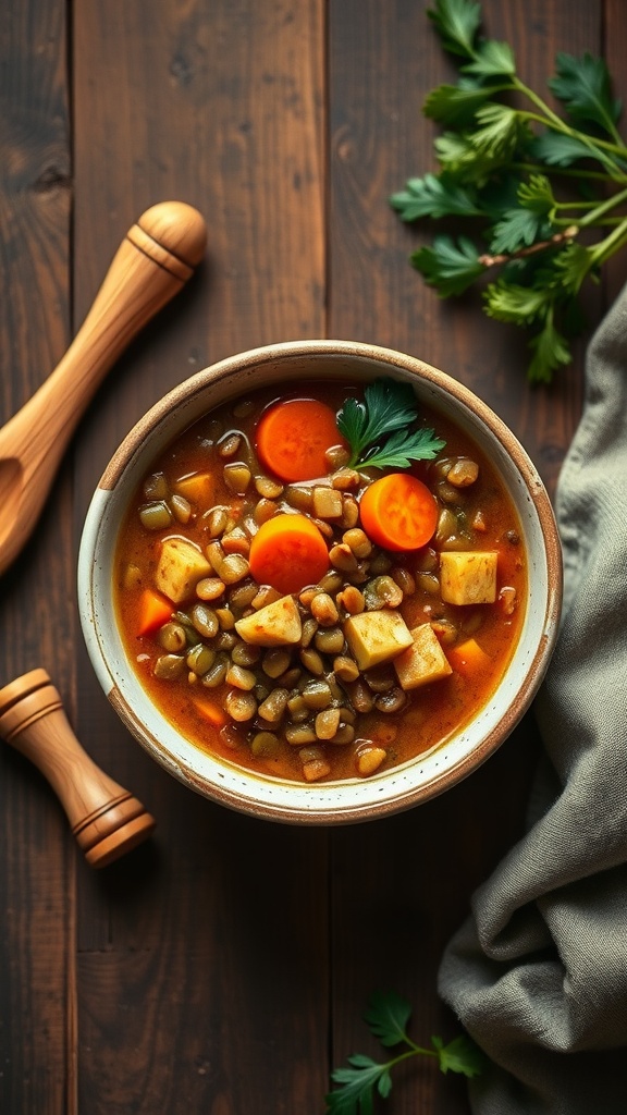 A bowl of lentil soup with carrots and celery on a wooden table.