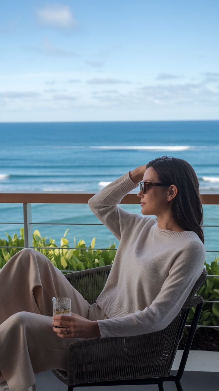 A woman wearing a lightweight cashmere sweater and cropped pants, enjoying a drink with a scenic ocean view.