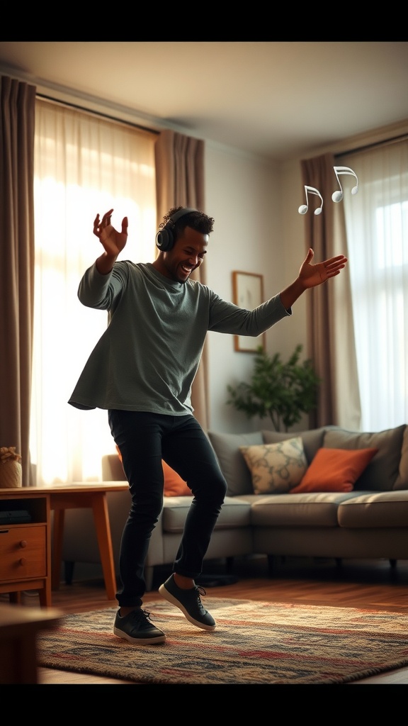 A person dancing joyfully while listening to music at home