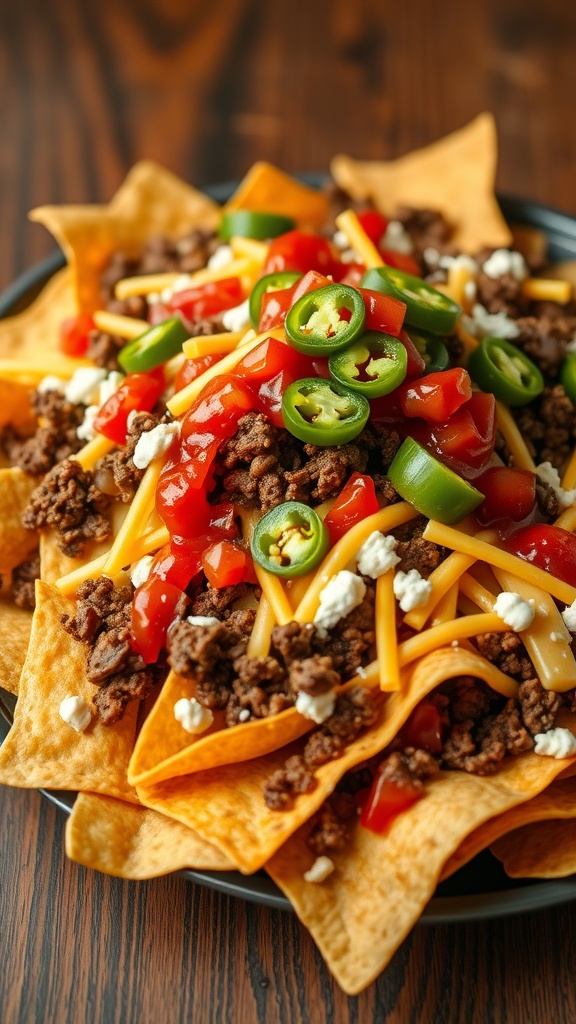 A plate of loaded beef and cheese nachos topped with jalapeños, diced tomatoes, and green onions.