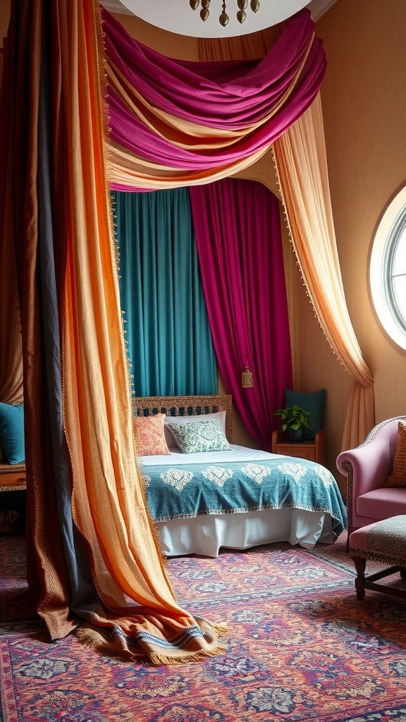 A beautifully decorated bohemian bedroom featuring rich drapes and vibrant fabrics.