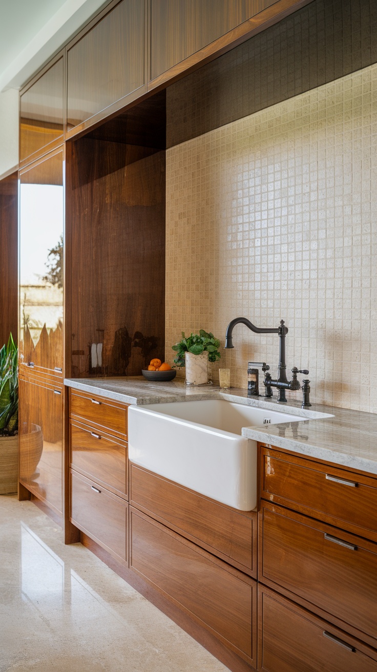 A modern luxury kitchen featuring a stylish farmhouse sink with wooden cabinets and elegant design.