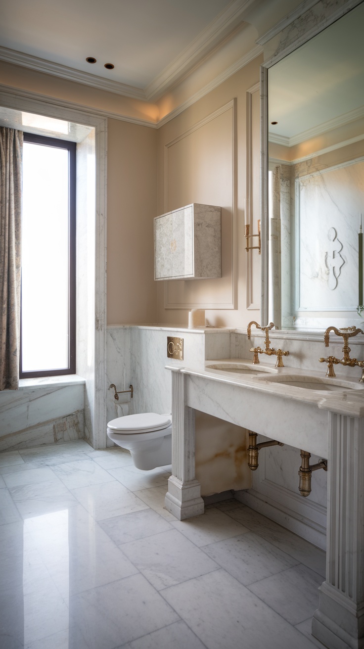 A modern bathroom featuring luxurious marble finishes with a double sink setup and elegant fixtures.