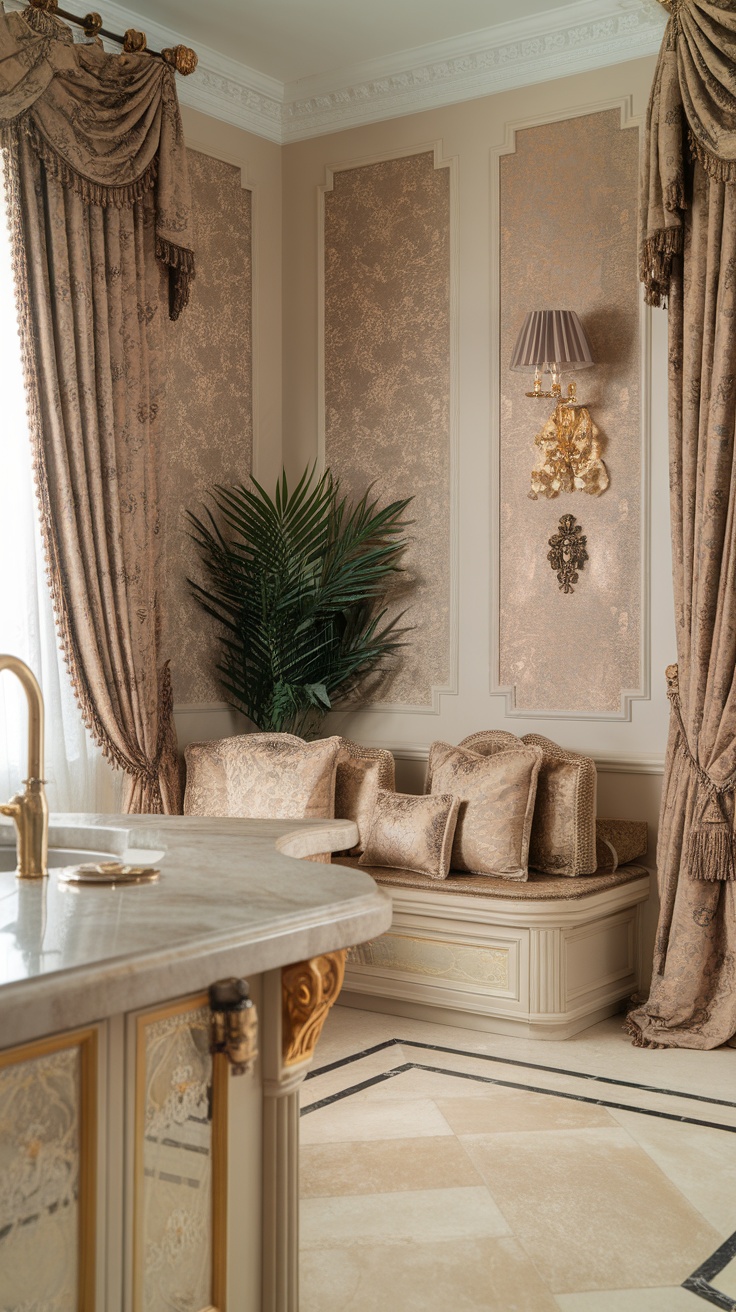 A luxurious kitchen corner featuring elegant fabrics and a cozy seating area.