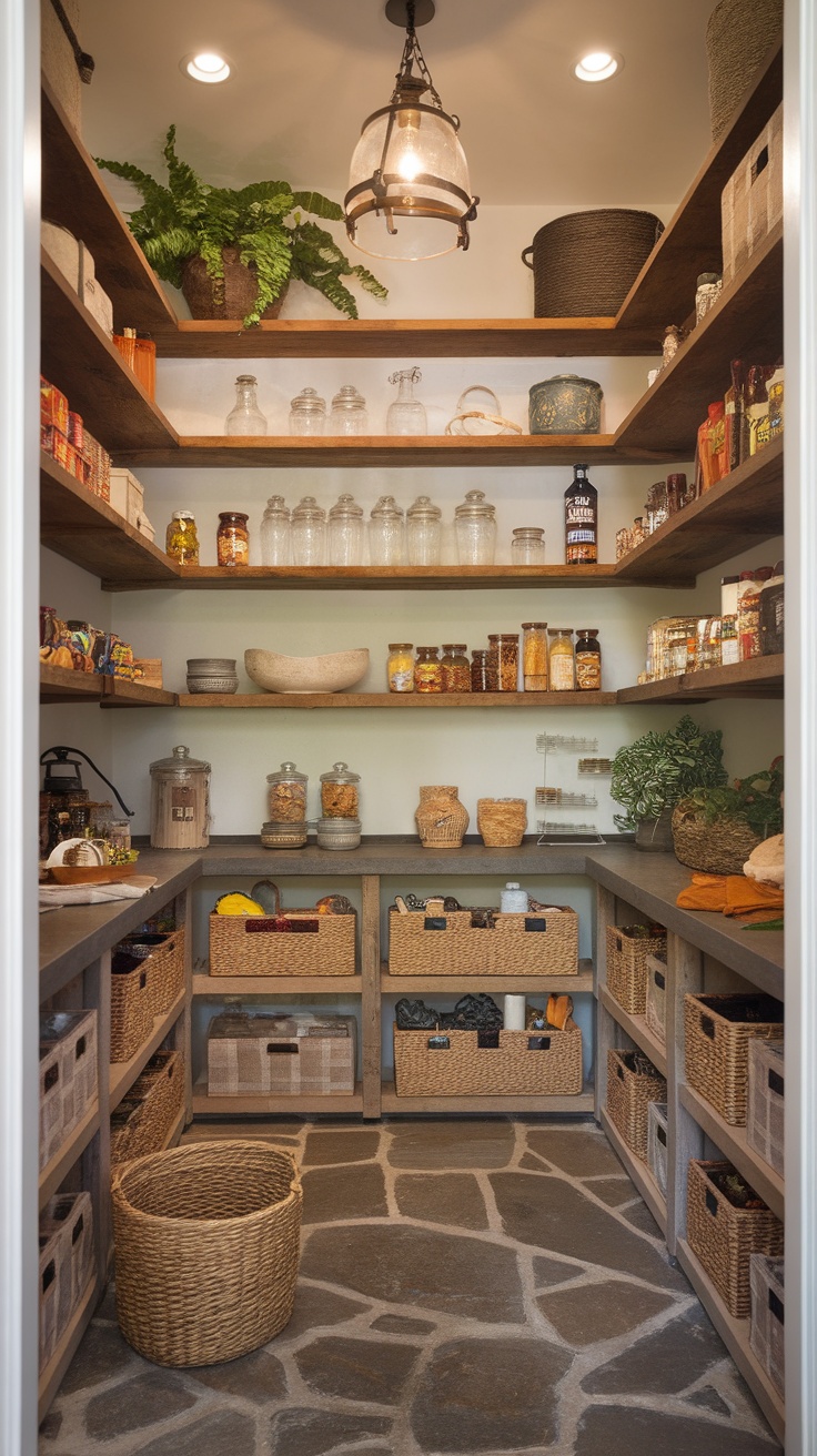 An elegant walk-in pantry with wooden shelves, glass jars, and organized baskets.