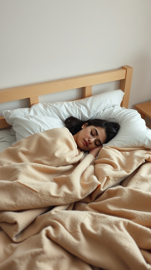 A woman sleeping peacefully in a cozy bed, wrapped in a beige blanket