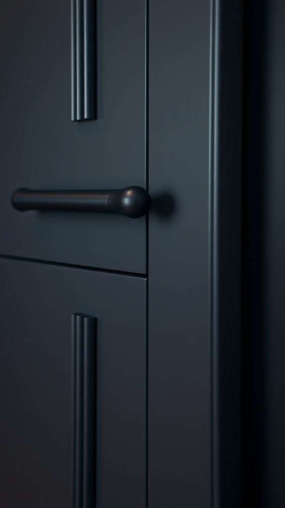 Close-up of matte black kitchen hardware on cabinet doors