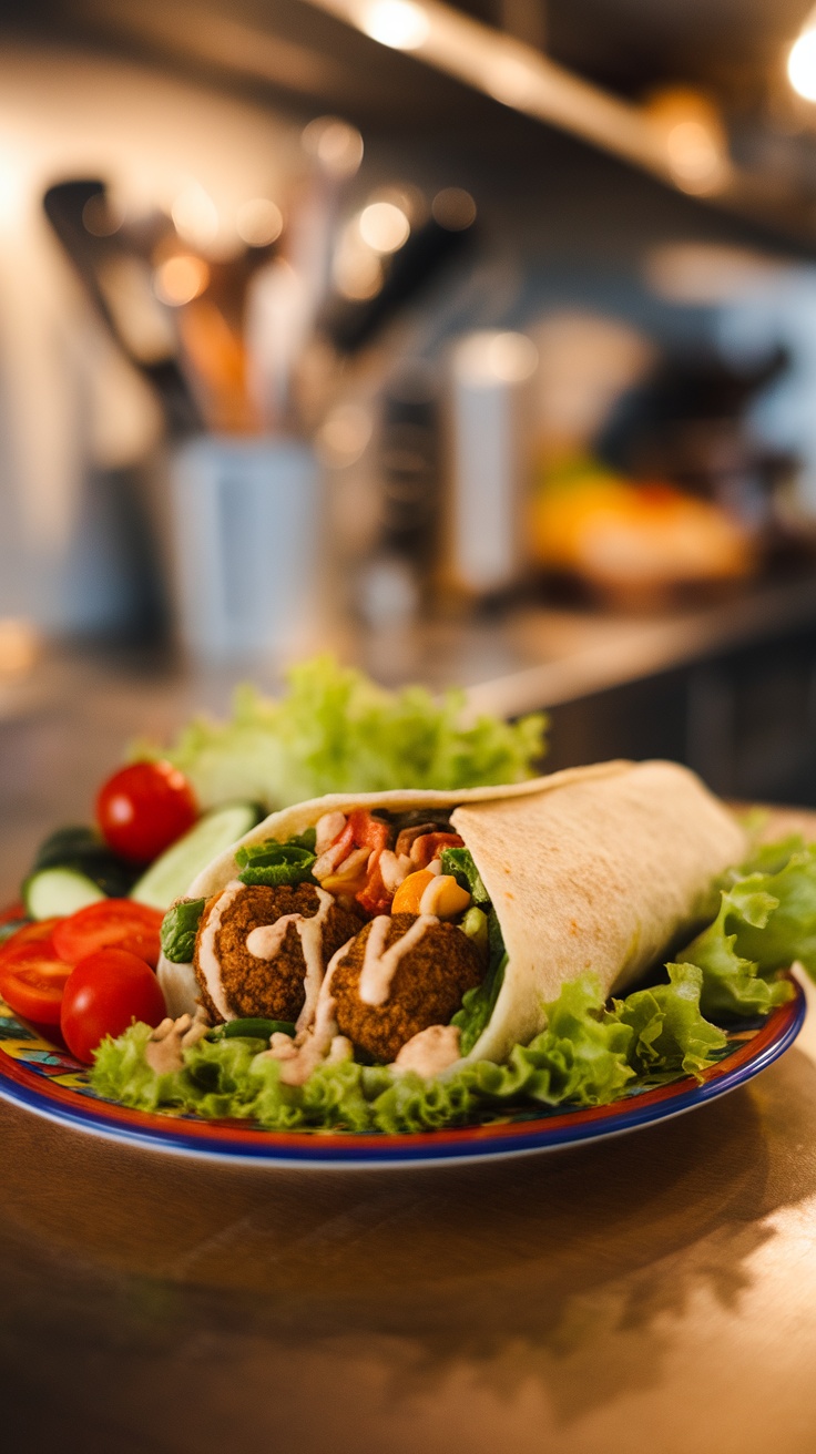 A Mediterranean air fryer falafel wrap with fresh vegetables on a plate.