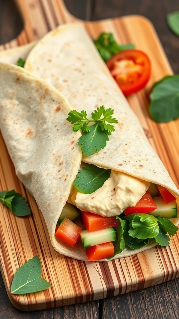 A Mediterranean wrap filled with hummus and colorful vegetables, placed on a wooden cutting board.