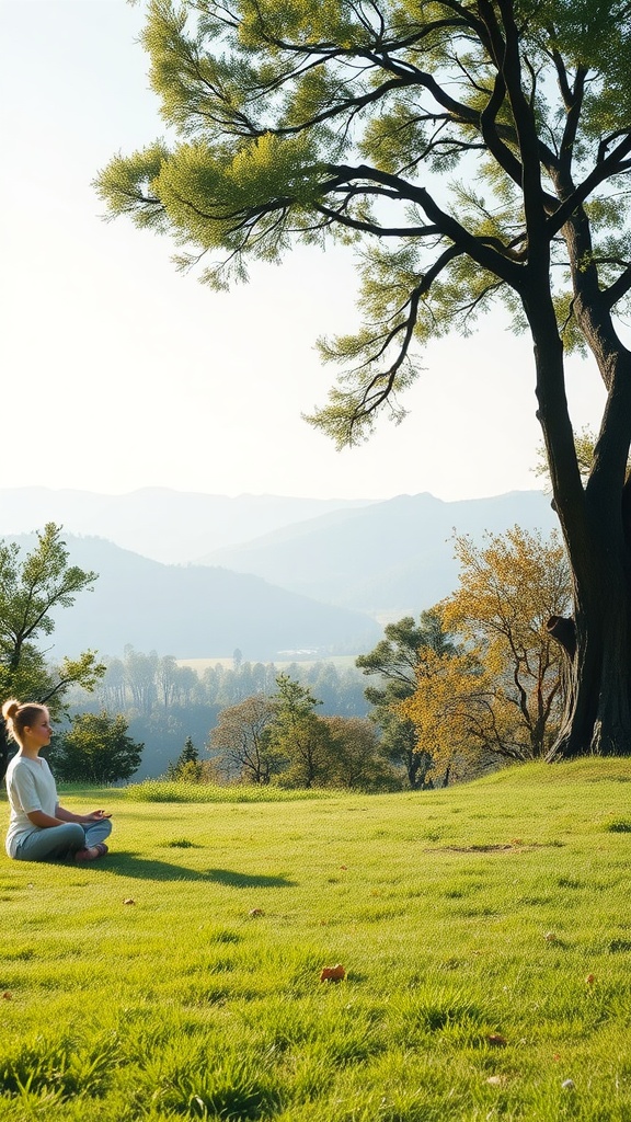 A person meditating in a lush green field with mountains in the background