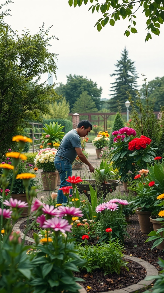 A person gardening in a colorful flower garden filled with various plants.