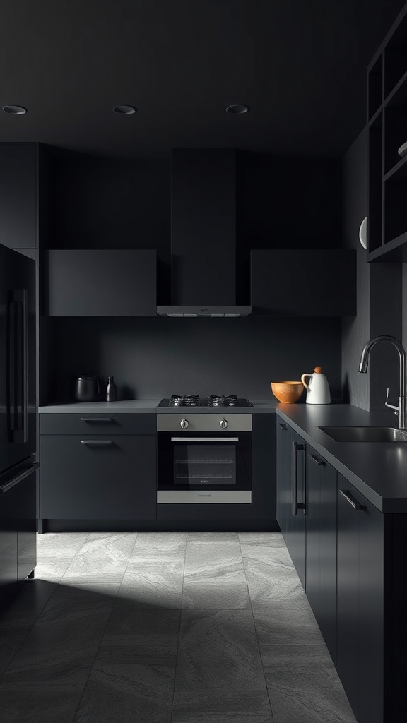 A minimalist black kitchen featuring black cabinets and modern appliances.