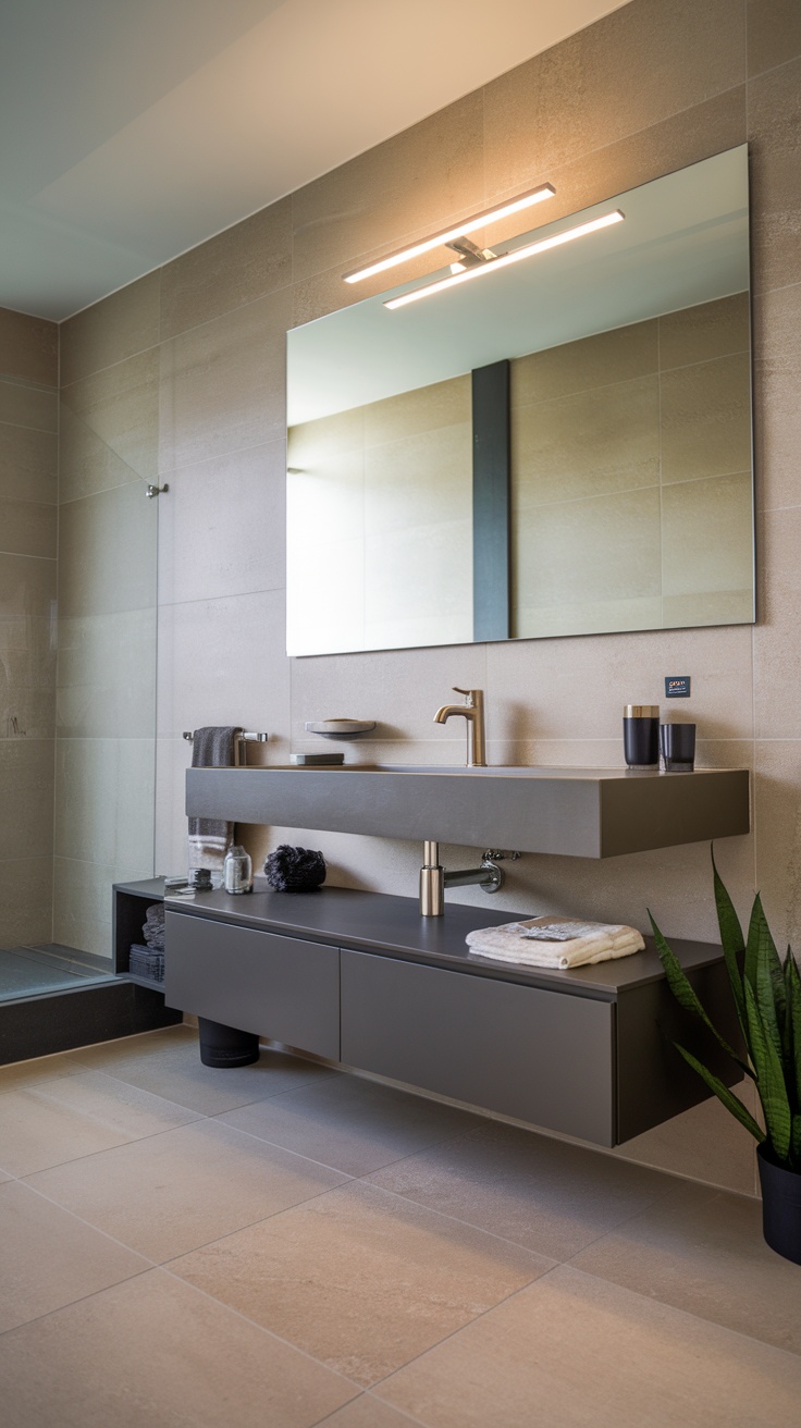 A modern bathroom featuring a minimalist floating vanity with a sleek design.