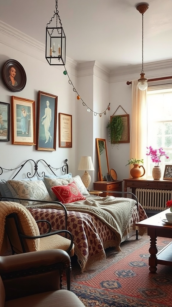 A cozy bohemian bedroom featuring vintage artwork, a minimalist bed, and warm decor.