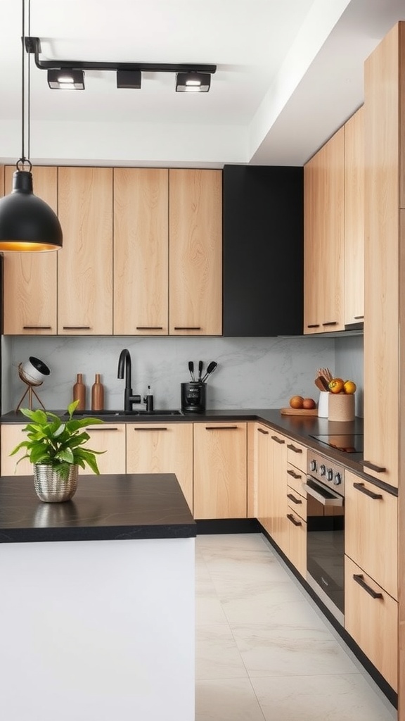 Modern kitchen featuring black cabinets and wood accents