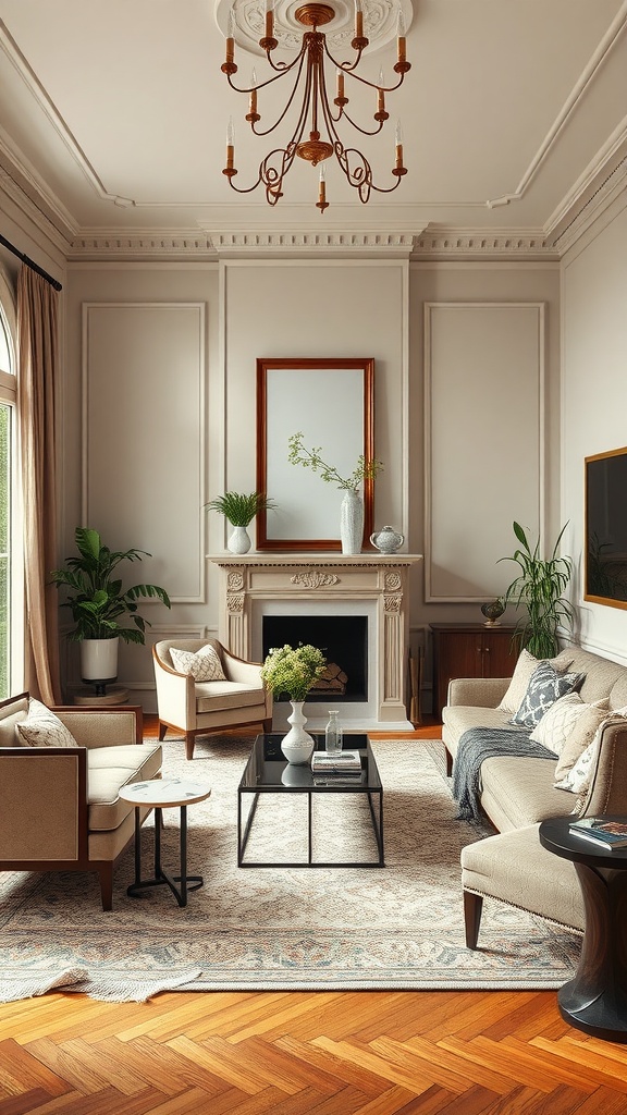 A stylish Victorian living room with modern decor elements.