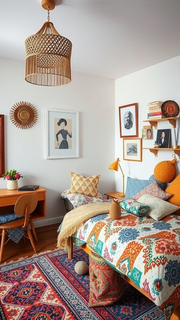 A cozy bohemian bedroom with vibrant patterns and prints, showcasing a blend of textiles and decor.