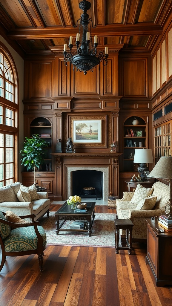 Cozy Victorian living room with rich wood finishes and elegant decor